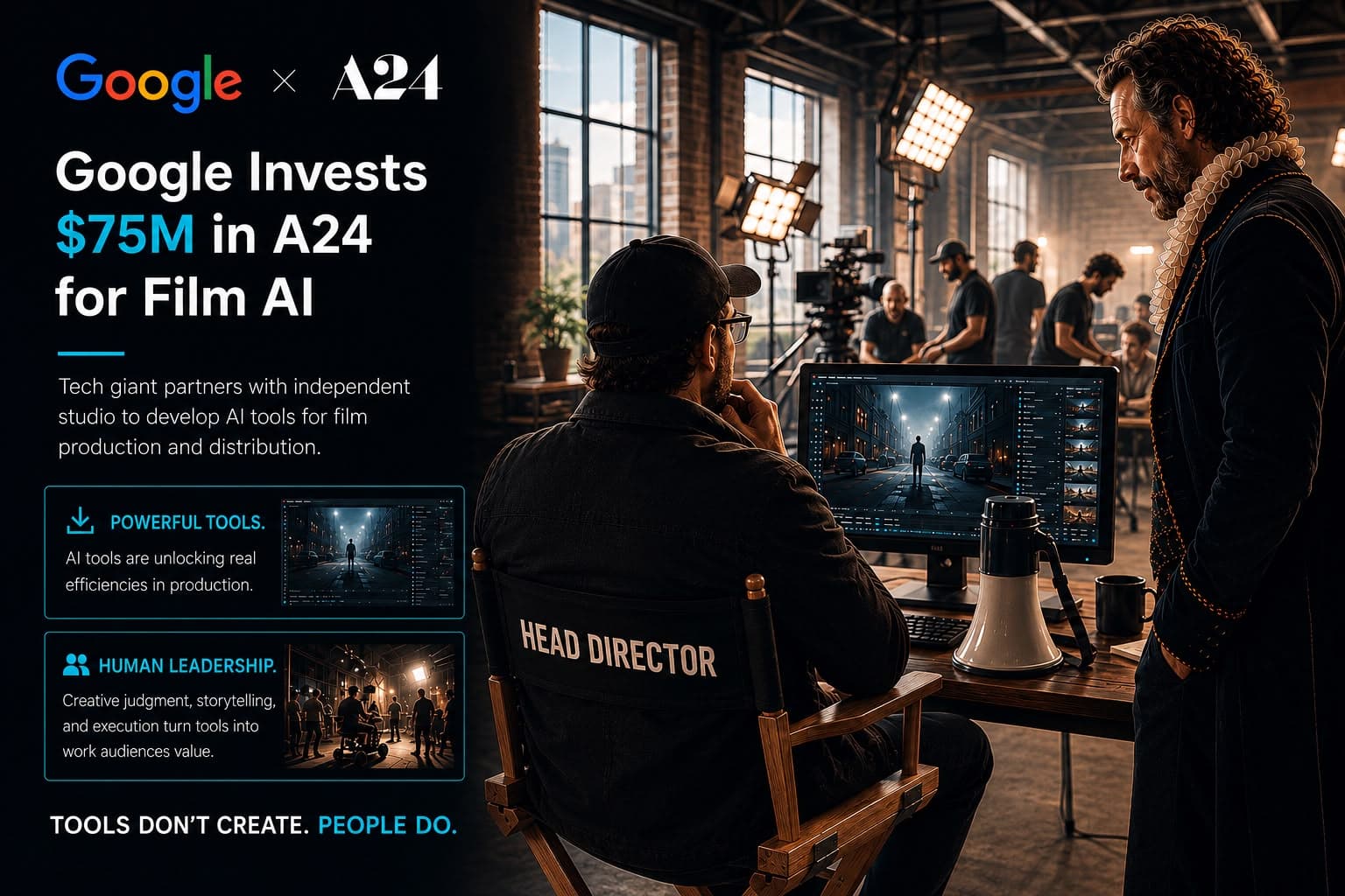 Google and A24 AI film production graphic showing filmmakers reviewing AI-assisted cinematic work