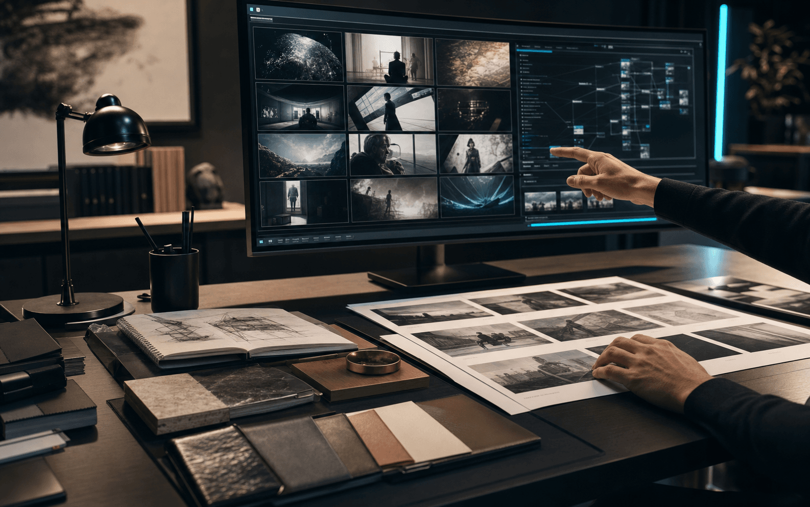 Creative director reviewing AI-assisted storyboard frames on a studio monitor