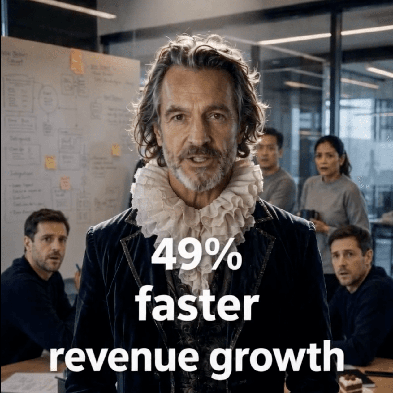 Frame from the Why Video article video showing a presenter and the text 49% faster revenue growth