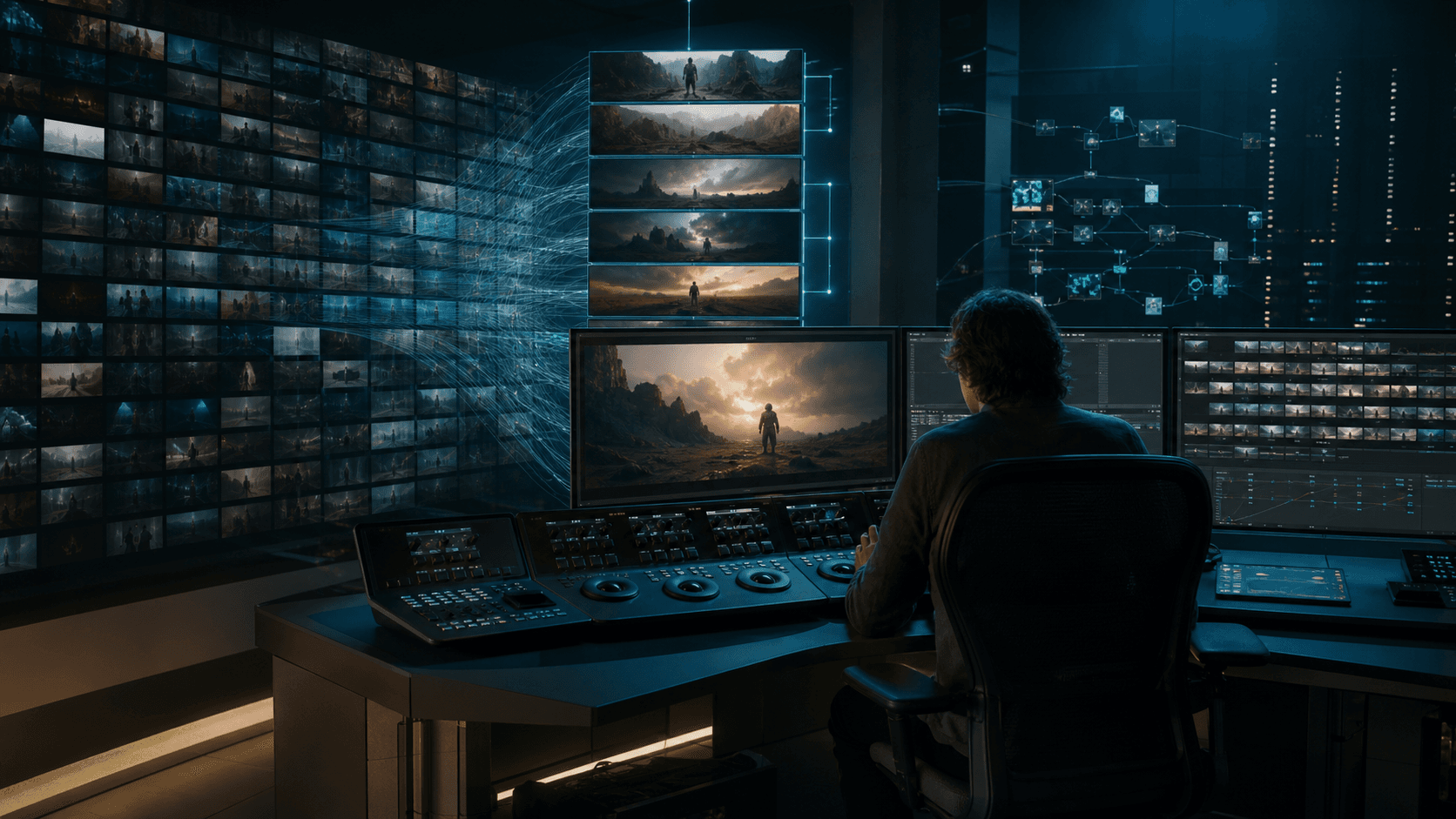 High-tech digital editing bay rendering cinematic video with AI filmmaking models