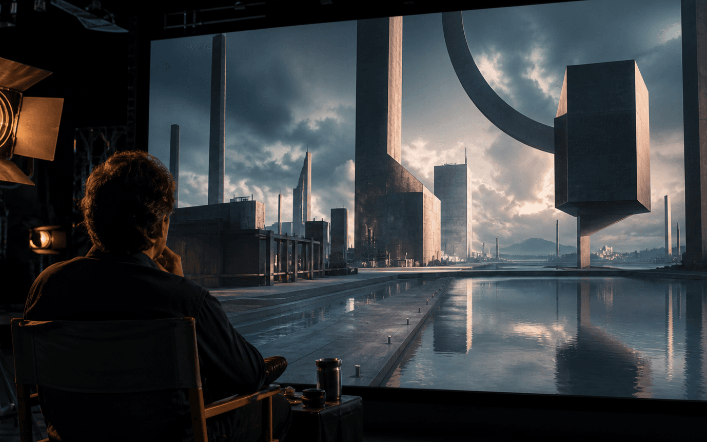 Creative director evaluating an AI-generated cinematic world on a studio display