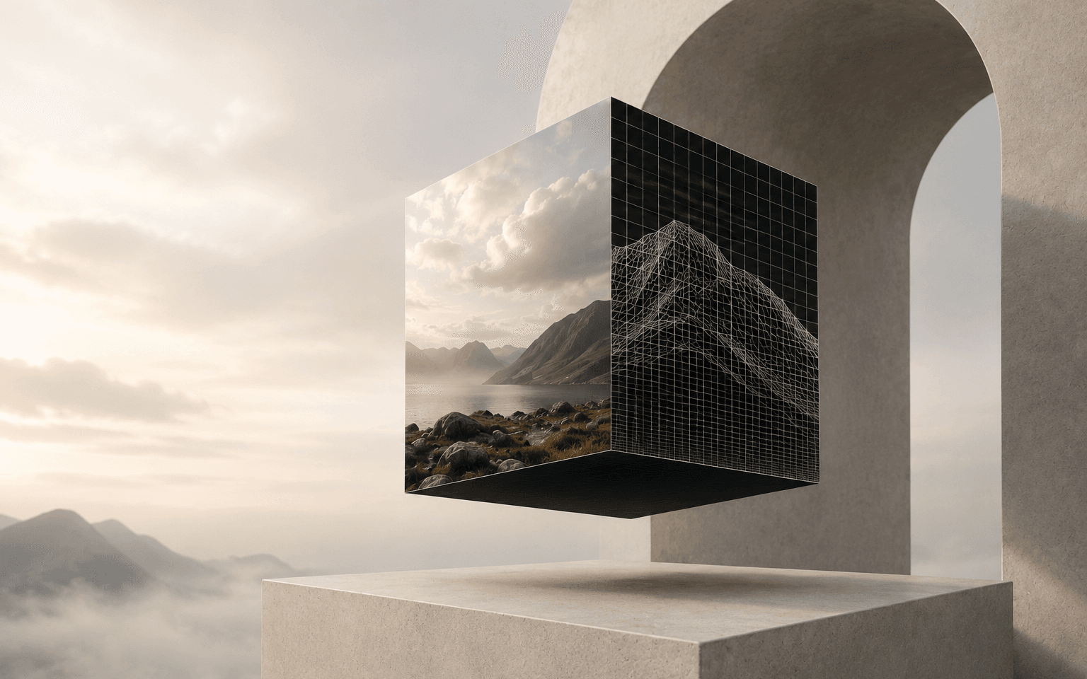 Floating cube combining a natural mountain landscape with a precise digital wireframe