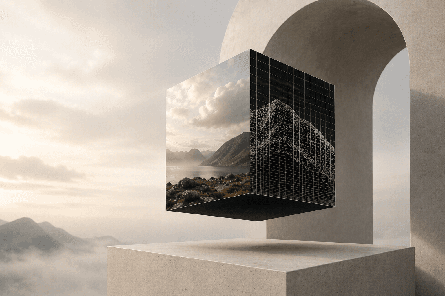Floating cube combining a natural mountain landscape with a precise digital wireframe