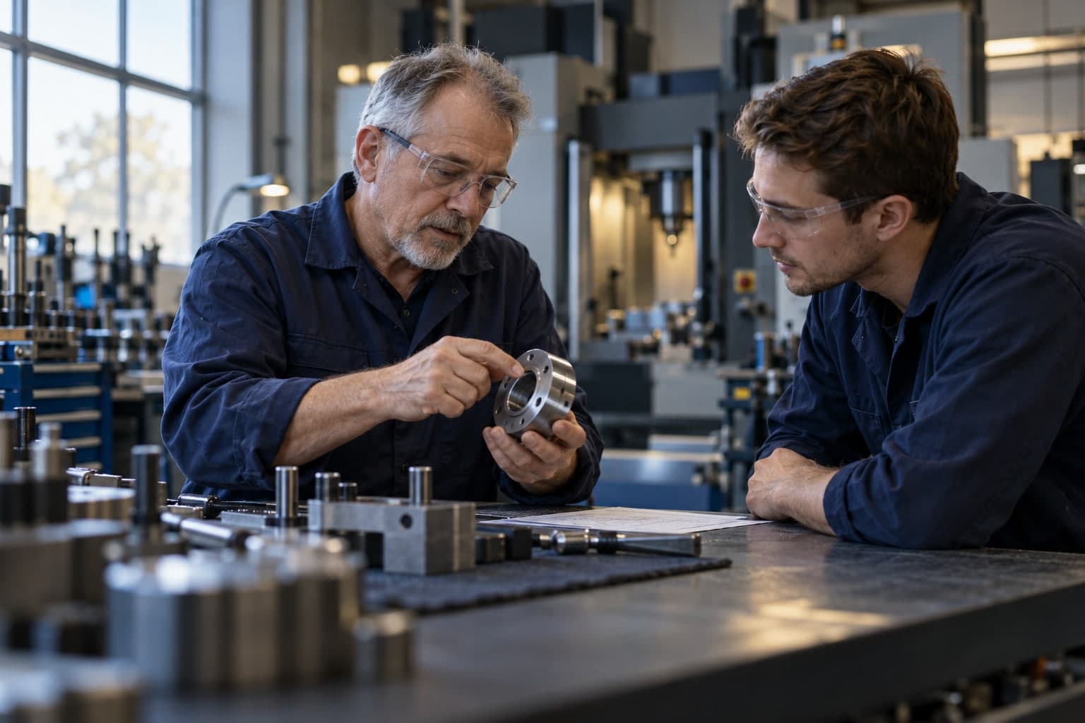An experienced manufacturing specialist explaining a precision component to a colleague on the factory floor