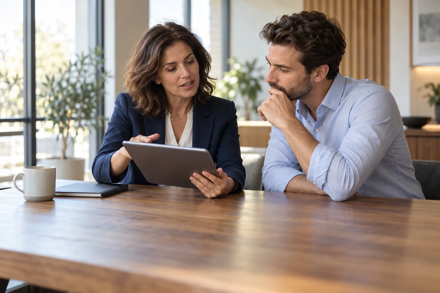 A sales professional reviewing information on a tablet with a colleague